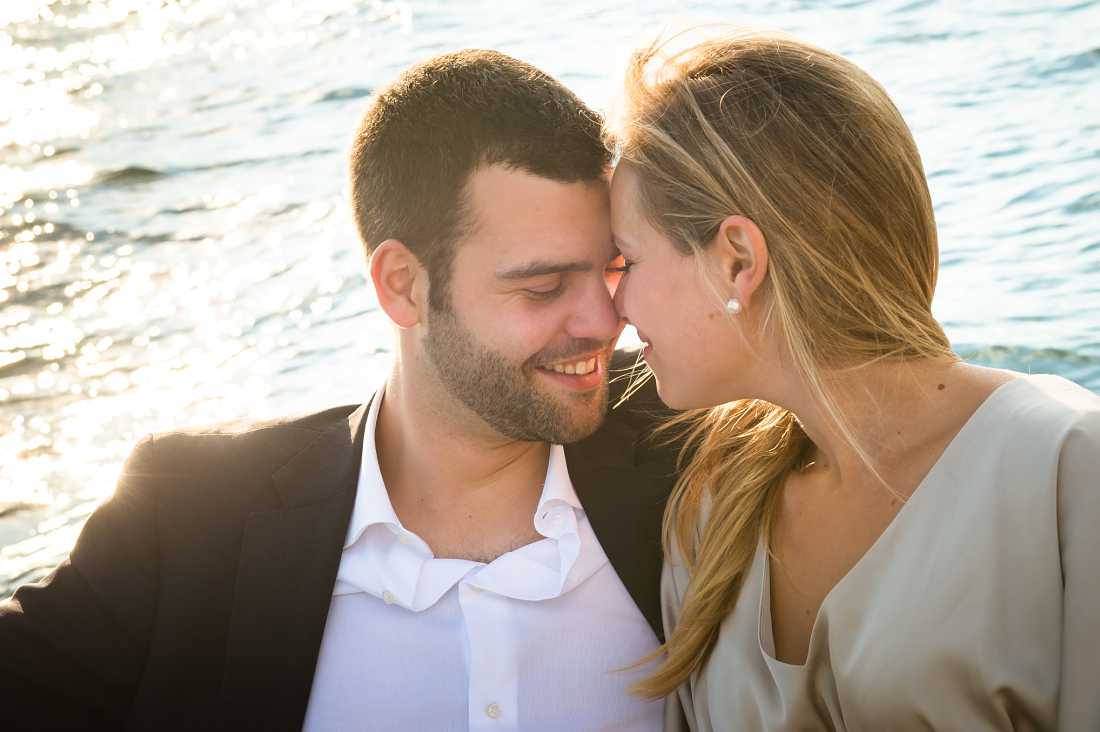 romantic moment in evening sunlight for gorgeous couple